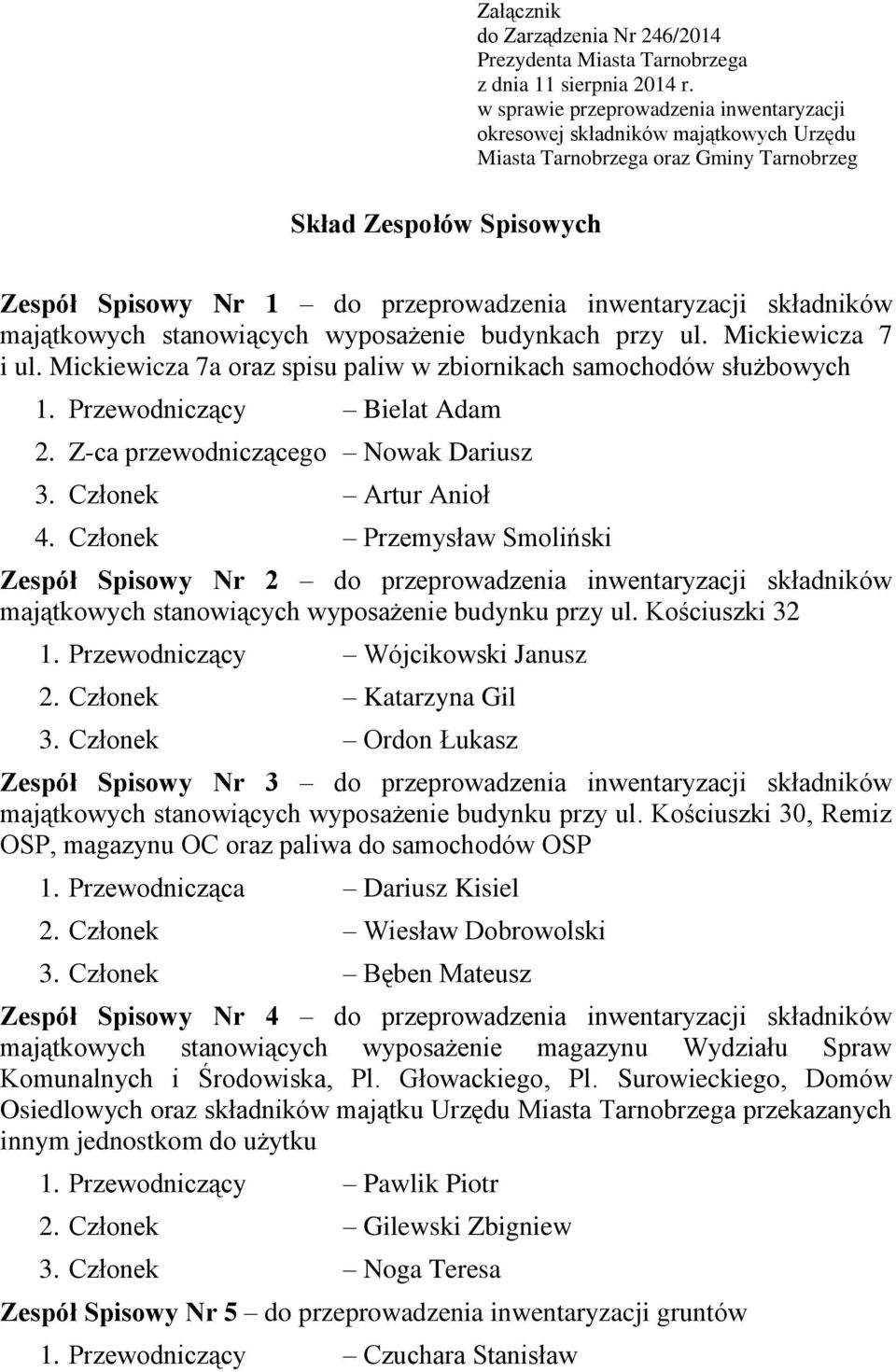 inwentaryzacji składników majątkowych stanowiących wyposażenie budynkach przy ul. Mickiewicza 7 i ul. Mickiewicza 7a oraz spisu paliw w zbiornikach samochodów służbowych 1.