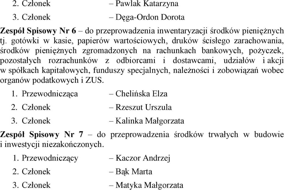 i dostawcami, udziałów i akcji w spółkach kapitałowych, funduszy specjalnych, należności i zobowiązań wobec organów podatkowych i ZUS. 1. Przewodnicząca Chelińska Elza 2.