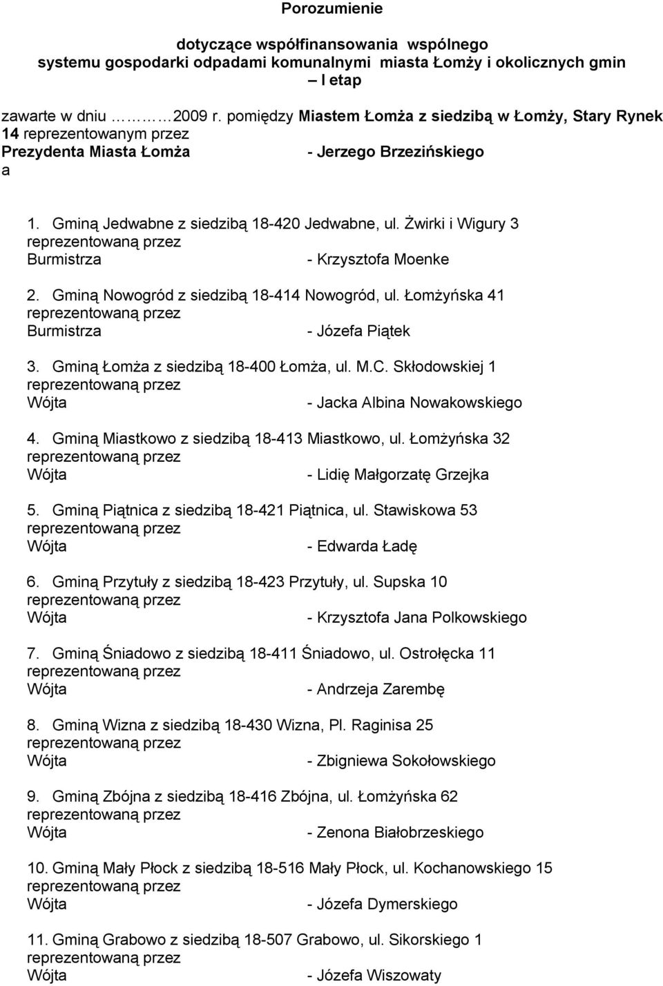 Żwirki i Wigury 3 - Krzysztofa Moenke 2. Gminą Nowogród z siedzibą 18-414 Nowogród, ul. Łomżyńska 41 - Józefa Piątek 3. Gminą Łomża z siedzibą 18-400 Łomża, ul. M.C.