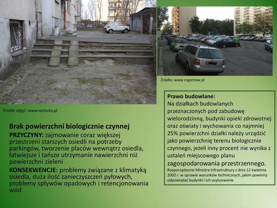 nawierzchni niż powierzchni zieleni KONSEKWENCJE: problemy związane z klimatyką osiedla, duża ilość zanieczyszczeń pyłowych, problemy spływów opadowych i retencjonowania wód Prawo budowlane: Na