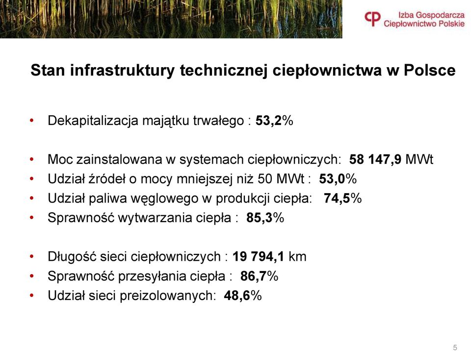 53,0% Udział paliwa węglowego w produkcji ciepła: 74,5% Sprawność wytwarzania ciepła : 85,3% Długość