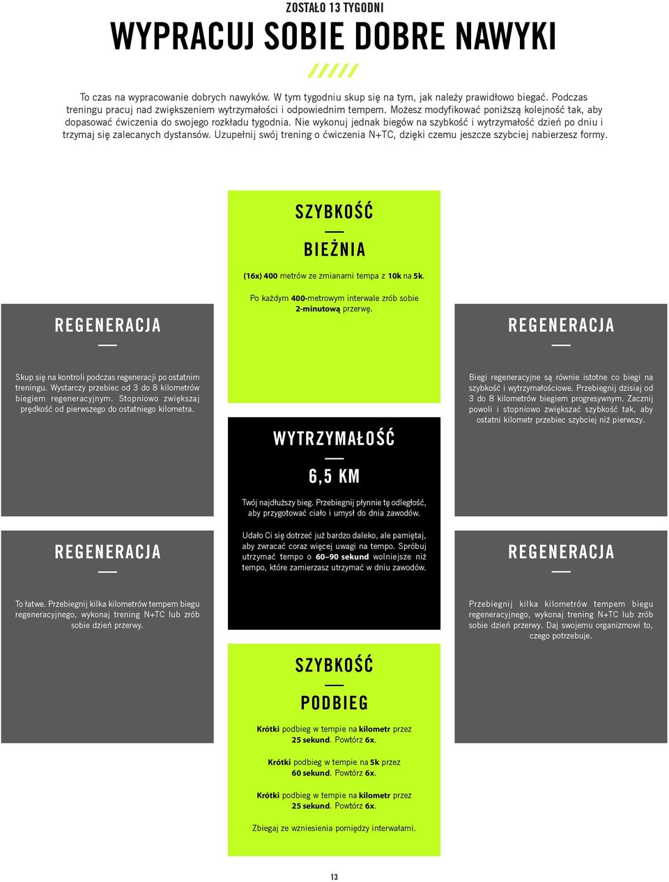 Nie wykonuj jednak biegów na szybkość i wytrzymałość dzień po dniu i trzymaj się zalecanych dystansów. Uzupełnij swój trening o ćwiczenia N+TC, dzięki czemu jeszcze szybciej nabierzesz formy.