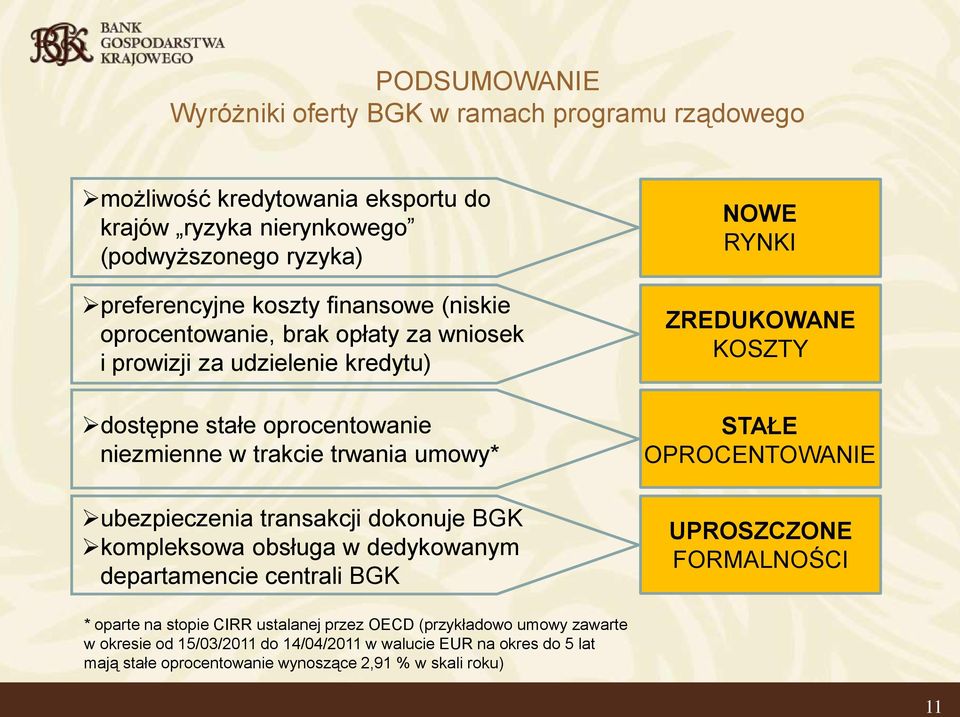 transakcji dokonuje BGK kompleksowa obsługa w dedykowanym departamencie centrali BGK NOWE RYNKI ZREDUKOWANE KOSZTY 11 STAŁE OPROCENTOWANIE UPROSZCZONE FORMALNOŚCI * oparte na