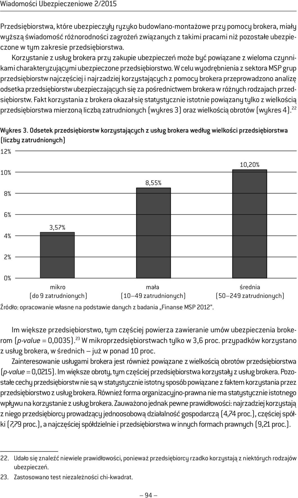 W celu wyodrębnienia z sektora MSP grup przedsiębiorstw najczęściej i najrzadziej korzystających z pomocy brokera przeprowadzono analizę odsetka przedsiębiorstw ubezpieczających się za pośrednictwem