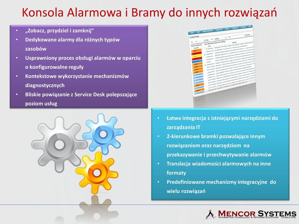 poziom usług Łatwa integracja z istniejącymi narzędziami do zarządzania IT 2-kierunkowe bramki pozwalające innym rozwiązaniom oraz narzędziom na