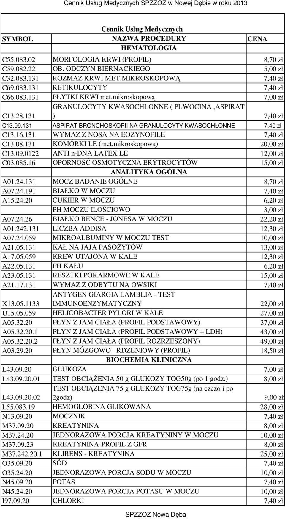 131 ASPIRAT BRONCHOSKOPII NA GRANULOCYTY KWASOCHŁONNE 7,40 zł C13.16.131 WYMAZ Z NOSA NA EOZYNOFILE 7,40 zł C13.08.131 KOMÓRKI LE (met.mikroskopową) 20,00 zł C13.09.