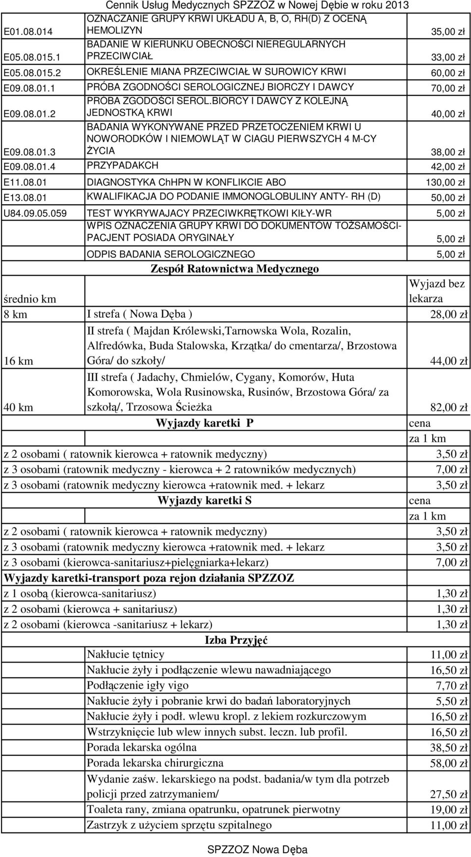 08.015.2 OKREŚLENIE MIANA PRZECIWCIAŁ W SUROWICY KRWI 60,00 zł E09.08.01.1 PRÓBA ZGODNOŚCI SEROLOGICZNEJ BIORCZY I DAWCY 70,00 zł E09.08.01.2 PRÓBA ZGODOŚCI SEROL.