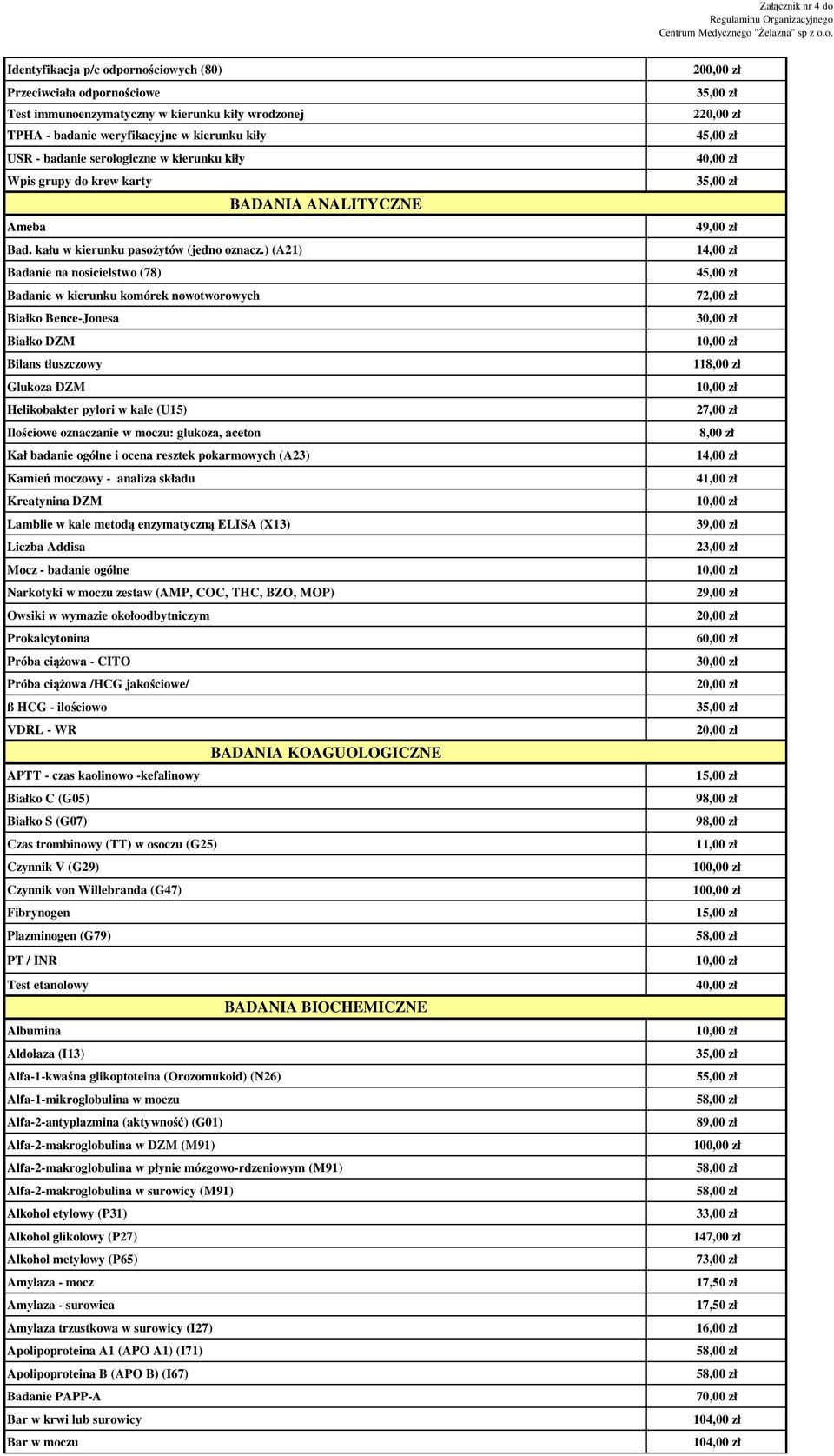 ) (A21) Badanie na nosicielstwo (78) Badanie w kierunku komórek nowotworowych Białko Bence-Jonesa Białko DZM Bilans tłuszczowy Glukoza DZM Helikobakter pylori w kale (U15) Ilościowe oznaczanie w