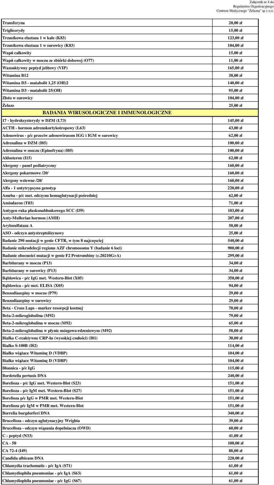 ACTH - hormon adrenokortykotropowy (L63) 43,00 zł Adenowirus - p/c przeciw adenowirusom IGG i IGM w surowicy Adrenalina w DZM (I05) Adrenalina w osoczu (Epinefryna) (I05) Aldosteron (I15) Alergeny -