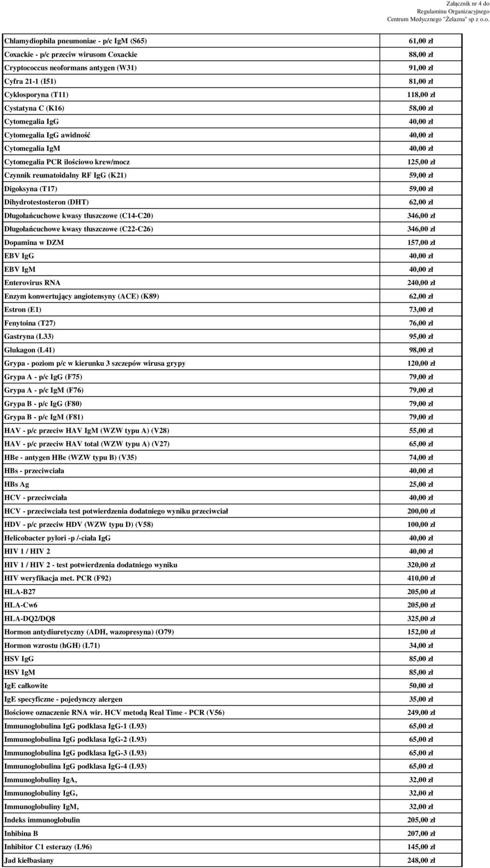 Długołańcuchowe kwasy tłuszczowe (C22-C26) Dopamina w DZM EBV IgG EBV IgM Enterovirus RNA Enzym konwertujący angiotensyny (ACE) (K89) Estron (E1) Fenytoina (T27) Gastryna (L33) Glukagon (L41) Grypa -