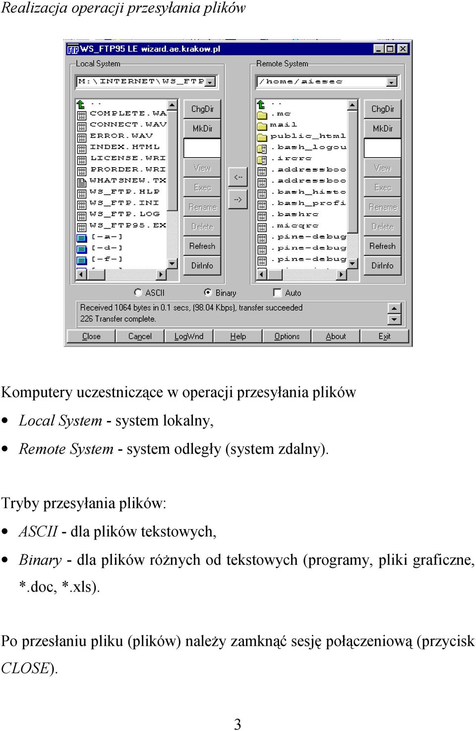Tryby przesyłania plików: ASCII - dla plików tekstowych, Binary - dla plików różnych od tekstowych