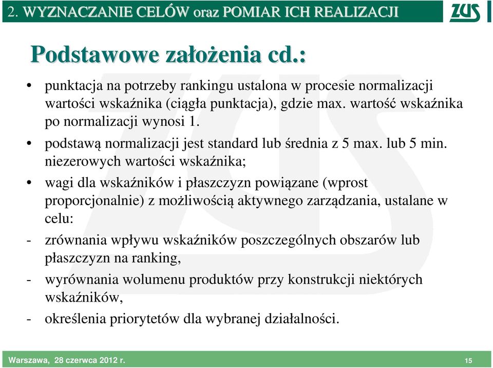 niezerowych wartości wskaźnika; wagi dla wskaźników i płaszczyzn powiązane (wprost proporcjonalnie) z możliwością aktywnego zarządzania, ustalane w celu: