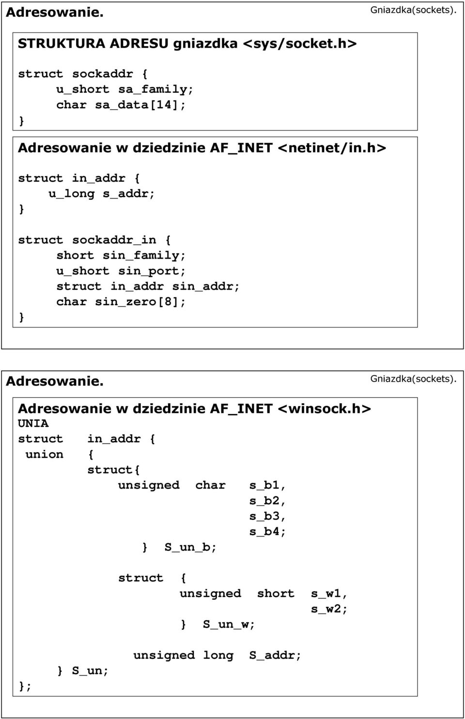 h> struct in_addr { u_long s_addr; struct sockaddr_in { short sin_family; u_short sin_port; struct in_addr sin_addr; char