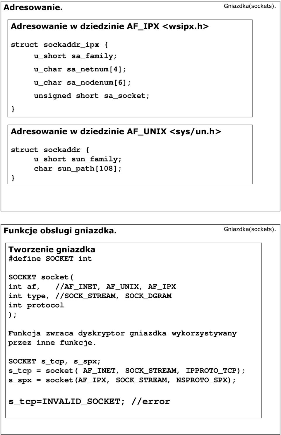 h> struct sockaddr { u_short sun_family; char sun_path[108]; Funkcje obsługi gniazdka.