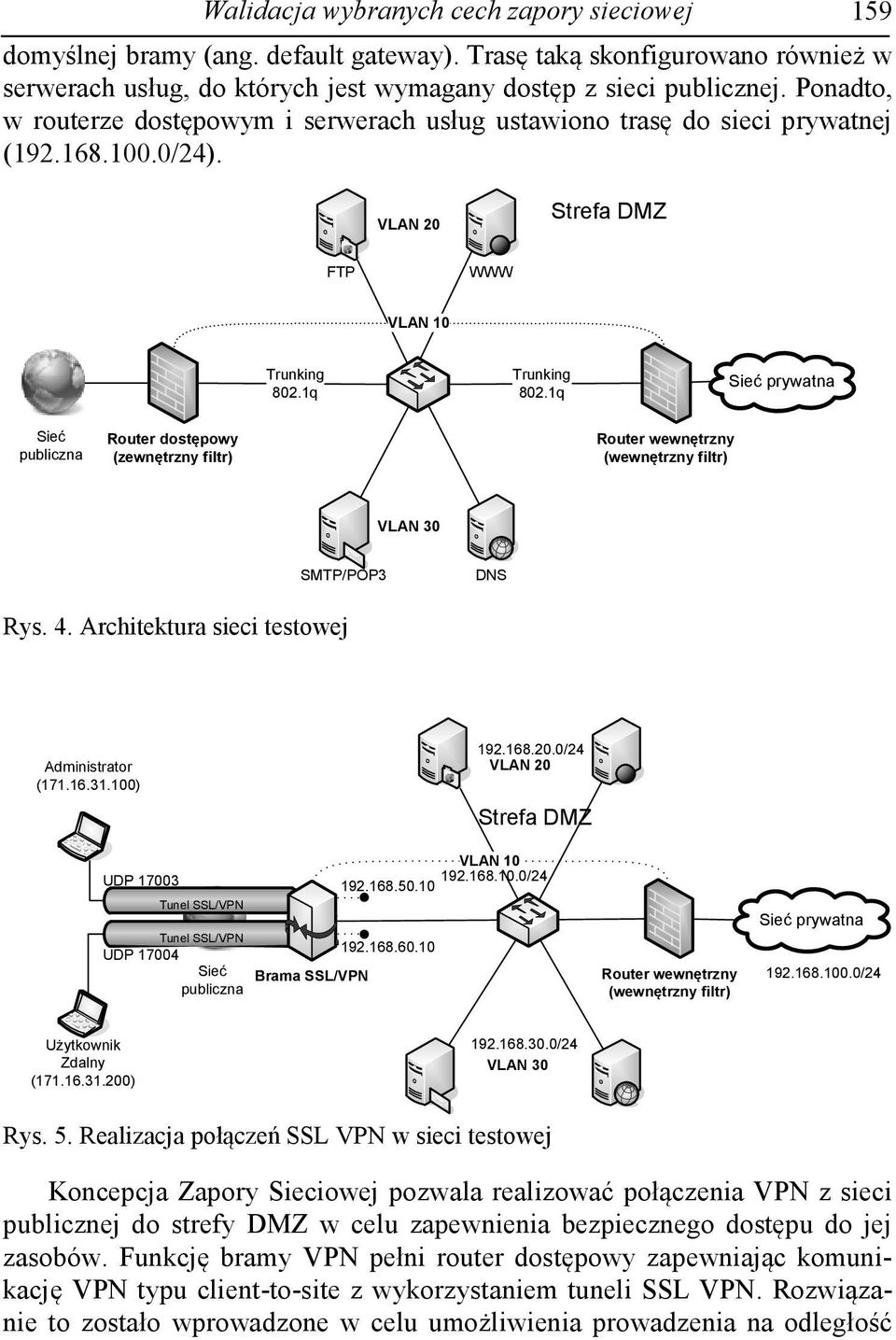 1q Sieć prywatna Sieć publiczna Router dostępowy (zewnętrzny filtr) Router wewnętrzny (wewnętrzny filtr) VLAN 30 SMTP/POP3 DNS Rys. 4. Architektura sieci testowej Administrator (171.16.31.100) 192.