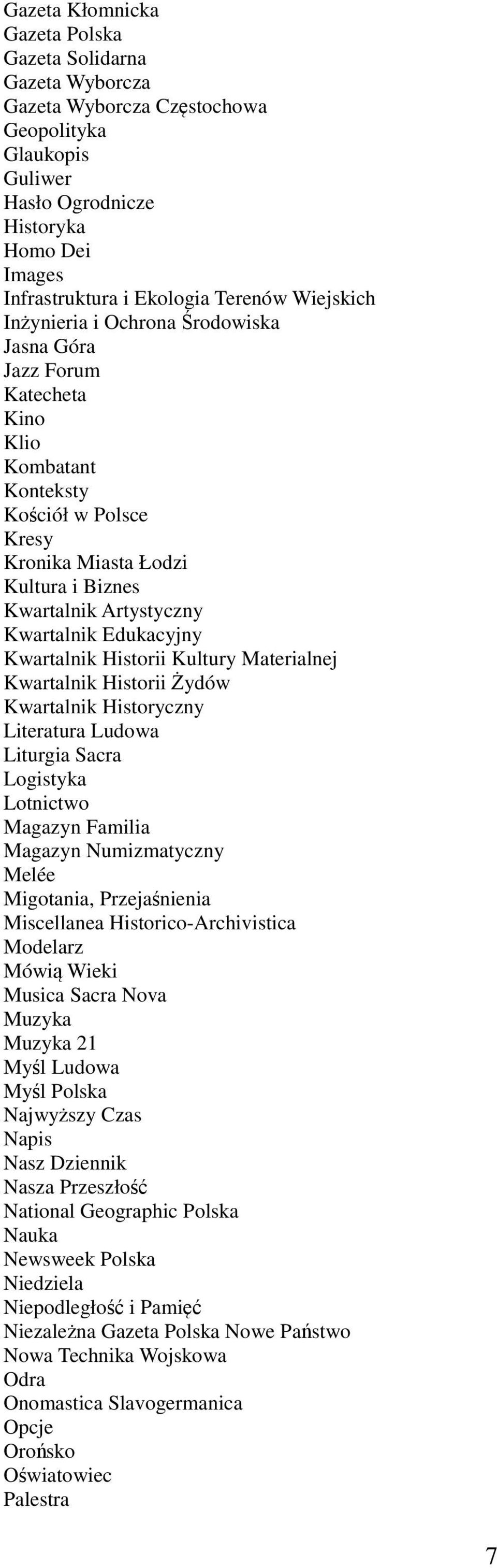 Edukacyjny Kwartalnik Historii Kultury Materialnej Kwartalnik Historii Żydów Kwartalnik Historyczny Literatura Ludowa Liturgia Sacra Logistyka Lotnictwo Magazyn Familia Magazyn Numizmatyczny Melée