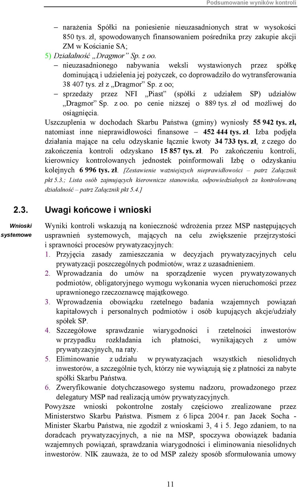 nieuzasadnionego nabywania weksli wystawionych przez spółkę dominującą i udzielenia jej pożyczek, co doprowadziło do wytransferowania 38 407 tys. zł z Dragmor Sp.