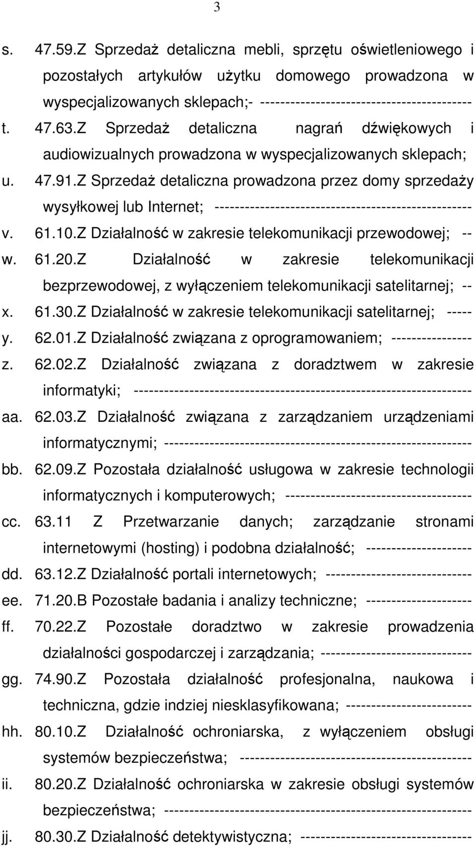 Z Sprzedaż detaliczna prowadzona przez domy sprzedaży wysyłkowej lub Internet; --------------------------------------------------- v. 61.10.Z Działalność w zakresie telekomunikacji przewodowej; -- w.