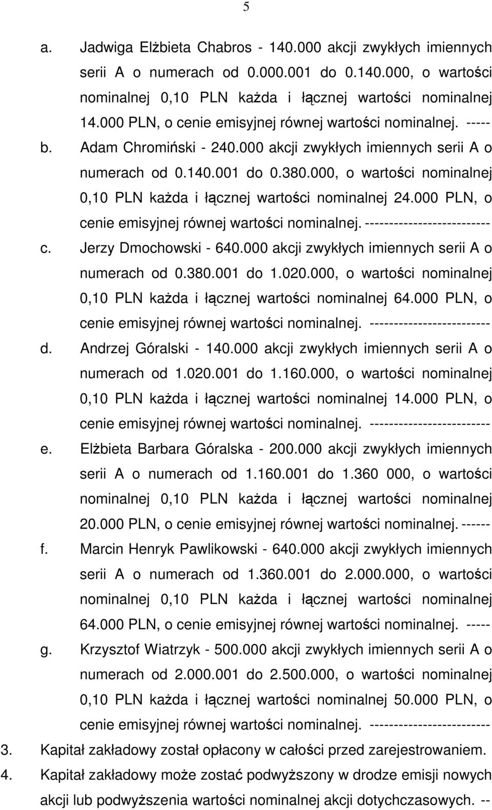 000, o wartości nominalnej 0,10 PLN każda i łącznej wartości nominalnej 24.000 PLN, o cenie emisyjnej równej wartości nominalnej. -------------------------- c. Jerzy Dmochowski - 640.