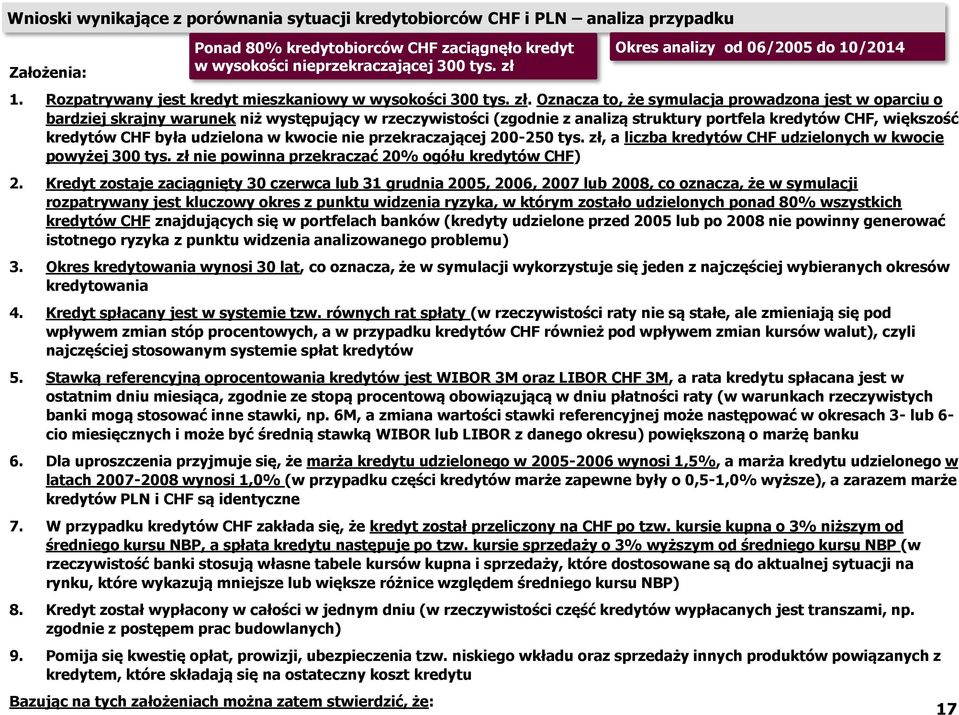 Oznacza to, że symulacja prowadzona jest w oparciu o bardziej skrajny warunek niż występujący w rzeczywistości (zgodnie z analizą struktury portfela kredytów CHF, większość kredytów CHF była