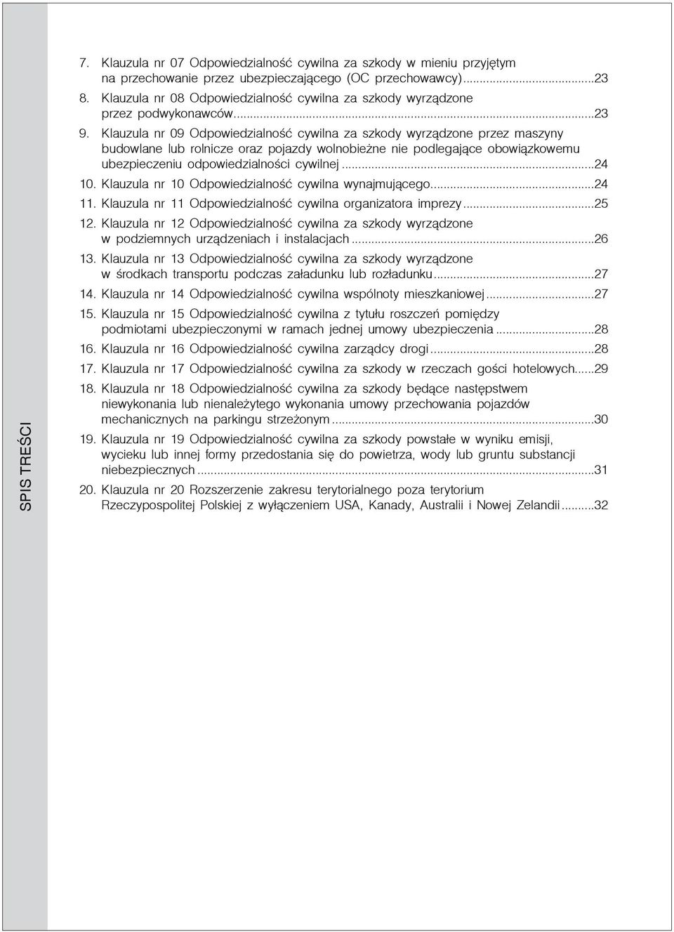 Klauzula nr 09 Odpowiedzialność cywilna za szkody wyrządzone przez maszyny budowlane lub rolnicze oraz pojazdy wolnobieżne nie podlegające obowiązkowemu ubezpieczeniu odpowiedzialności cywilnej...24 10.