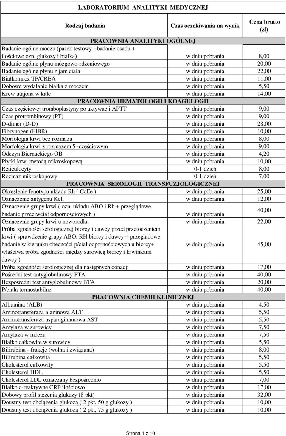 Dobowe wydalanie białka z moczem w dniu pobrania 5,50 Krew utajona w kale w dniu pobrania 14,00 PRACOWNIA HEMATOLOGII I KOAGULOGII Czas częściowej tromboplastyny po aktywacji APTT w dniu pobrania