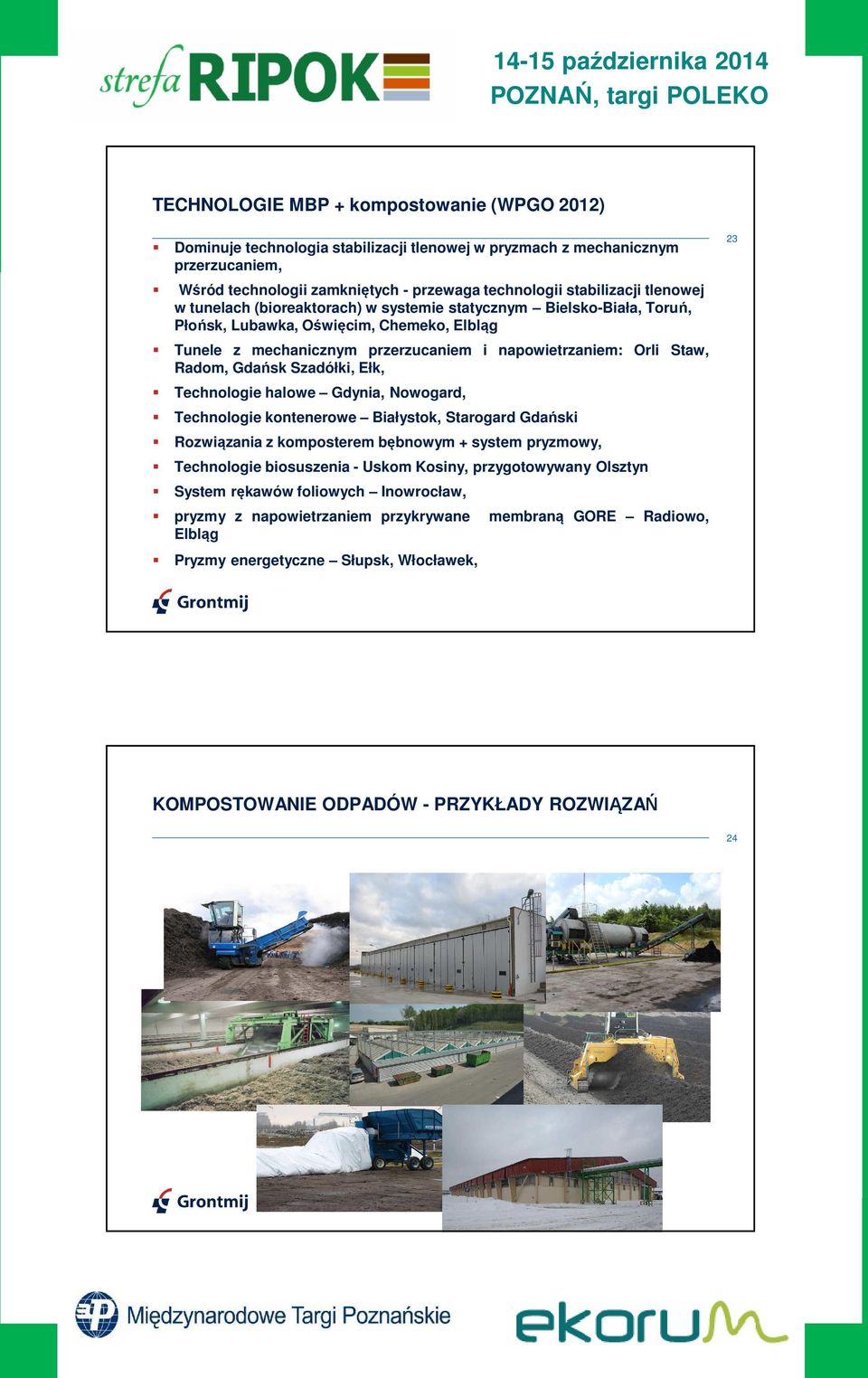 Gdańsk Szadółki, Ełk, Technologie halowe Gdynia, Nowogard, Technologie kontenerowe Białystok, Starogard Gdański Rozwiązania z komposterem bębnowym + system pryzmowy, Technologie biosuszenia - Uskom