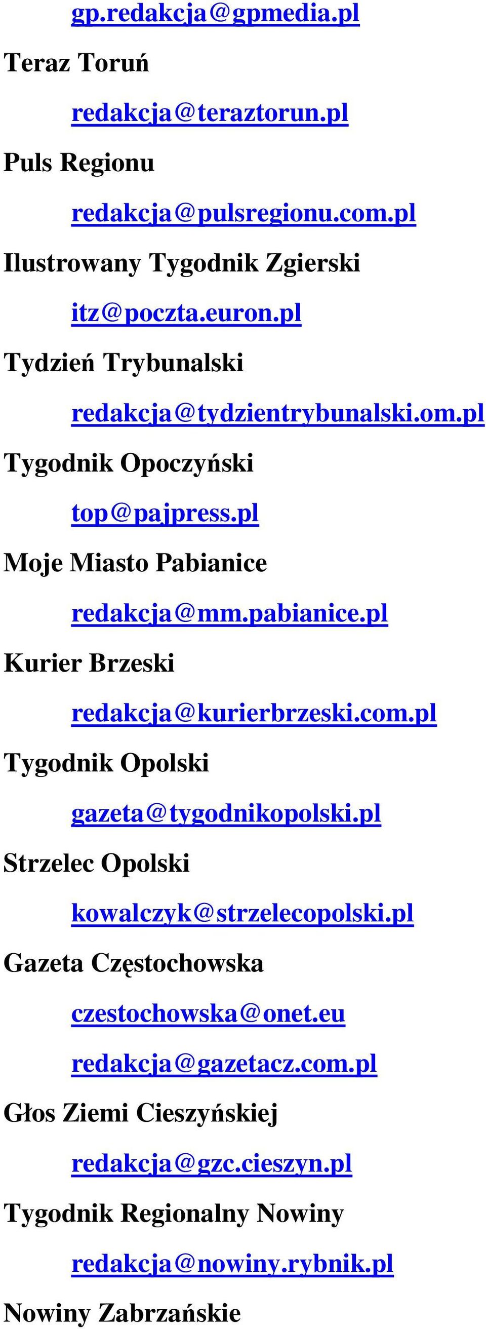 pl Kurier Brzeski redakcja@kurierbrzeski.com.pl Tygodnik Opolski gazeta@tygodnikopolski.pl Strzelec Opolski kowalczyk@strzelecopolski.