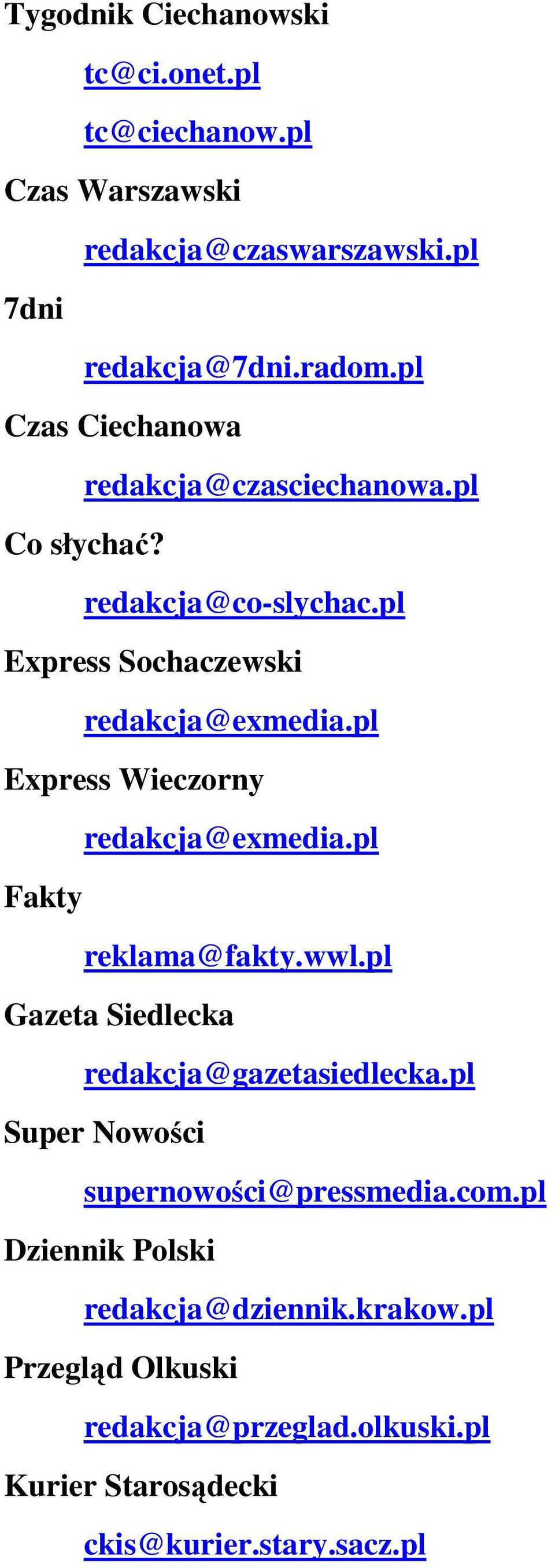 pl Express Wieczorny redakcja@exmedia.pl Fakty reklama@fakty.wwl.pl Gazeta Siedlecka redakcja@gazetasiedlecka.