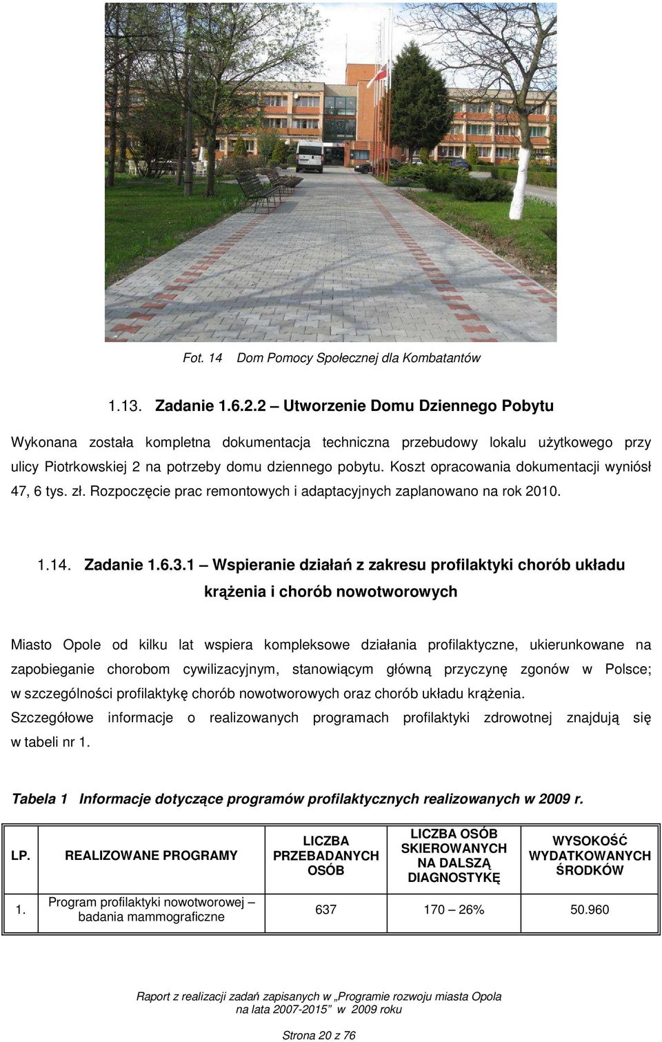 Koszt opracowania dokumentacji wyniósł 47, 6 tys. zł. Rozpoczęcie prac remontowych i adaptacyjnych zaplanowano na rok 2010. 1.14. Zadanie 1.6.3.