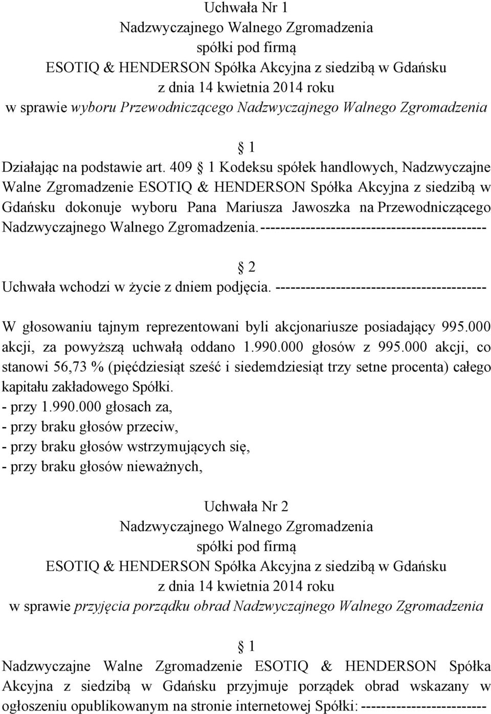 Uchwała wchodzi w życie z dniem podjęcia. W głosowaniu tajnym reprezentowani byli akcjonariusze posiadający 995.000 akcji, za powyższą uchwałą oddano 1.990.000 głosów z 995.