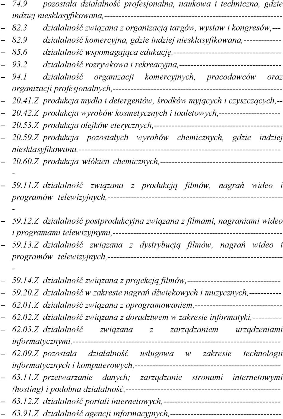 1 działalność organizacji komercyjnych, pracodawców oraz organizacji profesjonalnych, 20.41.Z produkcja mydła i detergentów, środków myjących i czyszczących, 20.42.