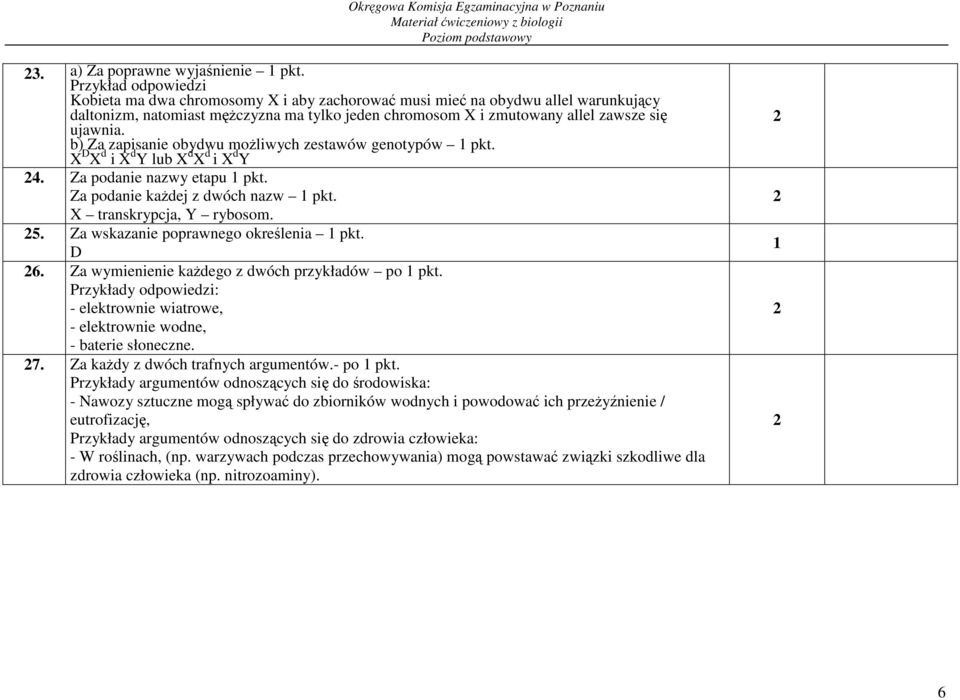 b) Za zapisanie obydwu moŝliwych zestawów genotypów pkt. X D X d i X d Y lub X d X d i X d Y 4. Za podanie nazwy etapu pkt. Za podanie kaŝdej z dwóch nazw pkt. X transkrypcja, Y rybosom. 5.