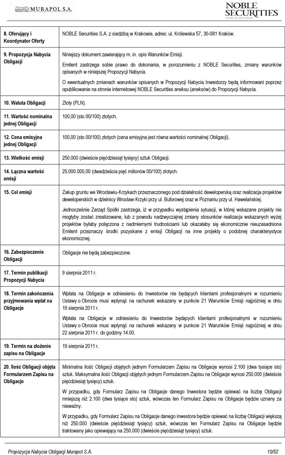 O ewentualnych zmianach warunków opisanych w Propozycji Nabycia Inwestorzy będą informowani poprzez opublikowanie na stronie internetowej NOBLE Securities aneksu (aneksów) do Propozycji Nabycia. 10.