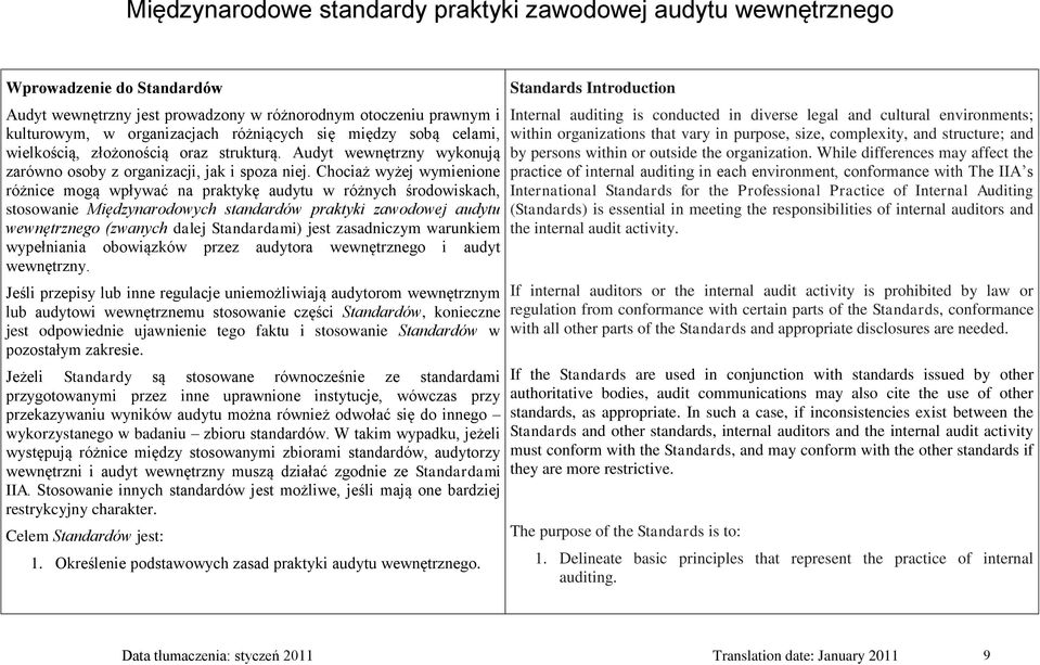 Chociaż wyżej wymienione różnice mogą wpływać na praktykę audytu w różnych środowiskach, stosowanie Międzynarodowych standardów praktyki zawodowej audytu wewnętrznego (zwanych dalej Standardami) jest