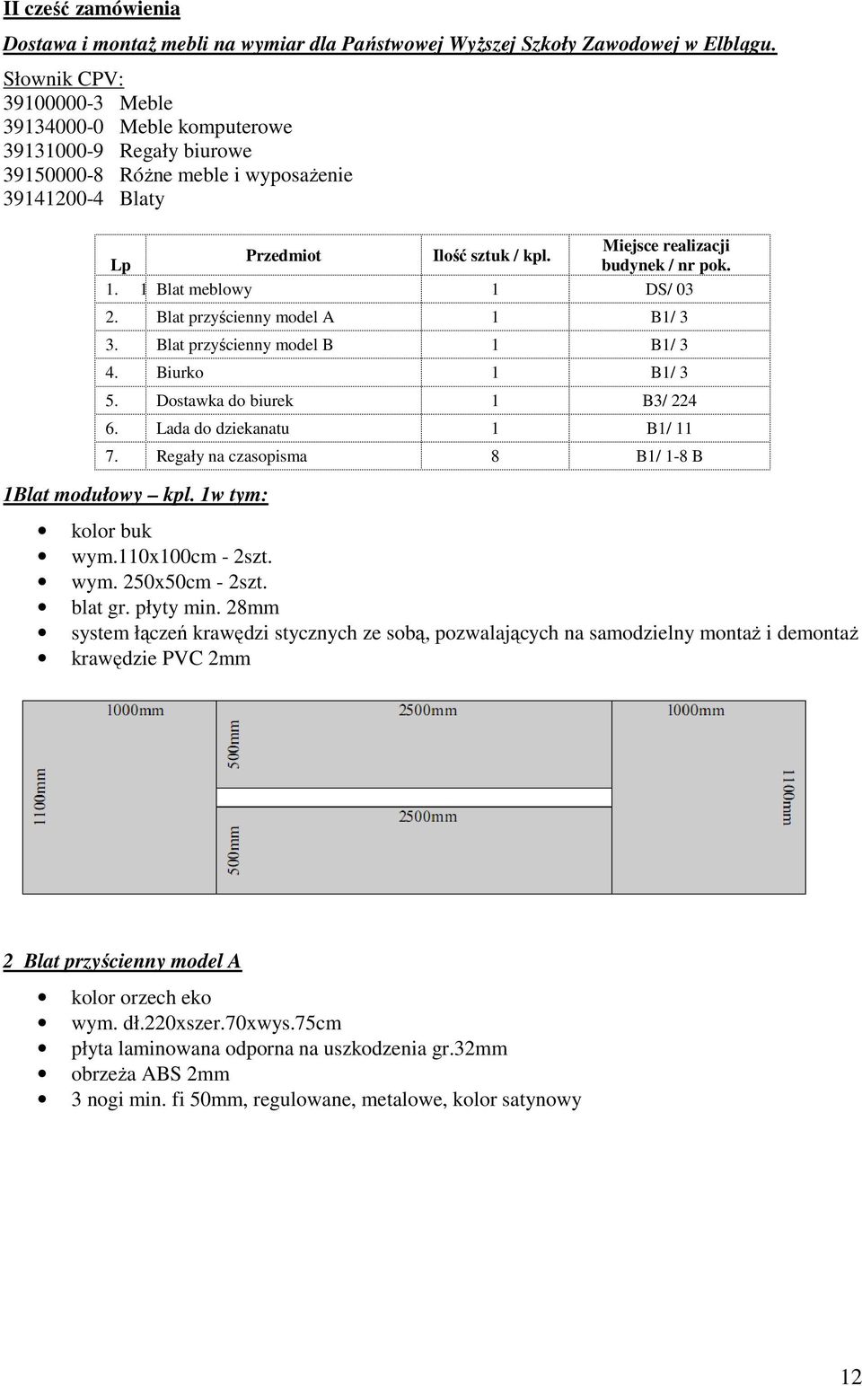 Lp budynek / nr pok. 1. 1 Blat meblowy 1 DS/ 03 2. Blat przyścienny model A 1 B1/ 3 3. Blat przyścienny model B 1 B1/ 3 4. Biurko 1 B1/ 3 5. Dostawka do biurek 1 B3/ 224 6.