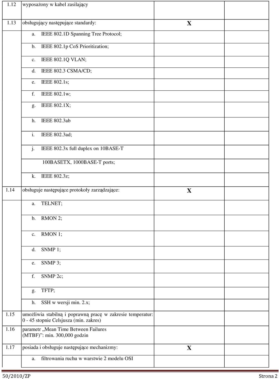14 obsługuje następujące protokoły zarządzające: a. TELNET; b. RMON 2; c. RMON 1; d. SNMP 1; e. SNMP 3; f. SNMP 2c; g. TFTP; h. SSH w wersji min. 2.x; 1.
