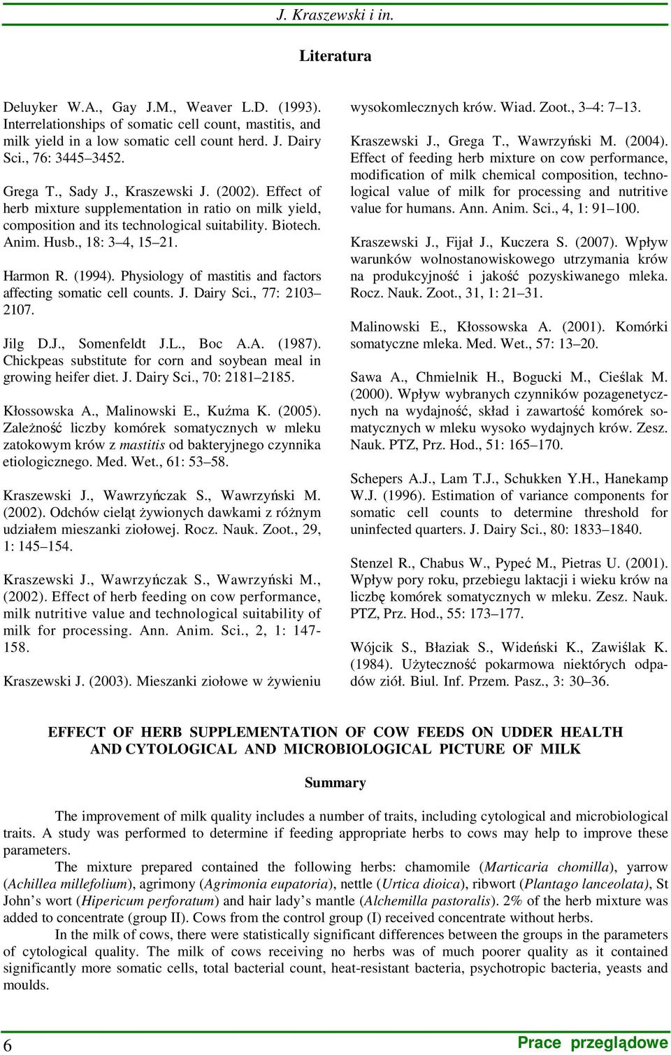 , 18: 3 4, 15 21. Harmon R. (1994). Physiology of mastitis and factors affecting somatic cell counts. J. Dairy Sci., 77: 2103 2107. Jilg D.J., Somenfeldt J.L., Boc A.A. (1987).