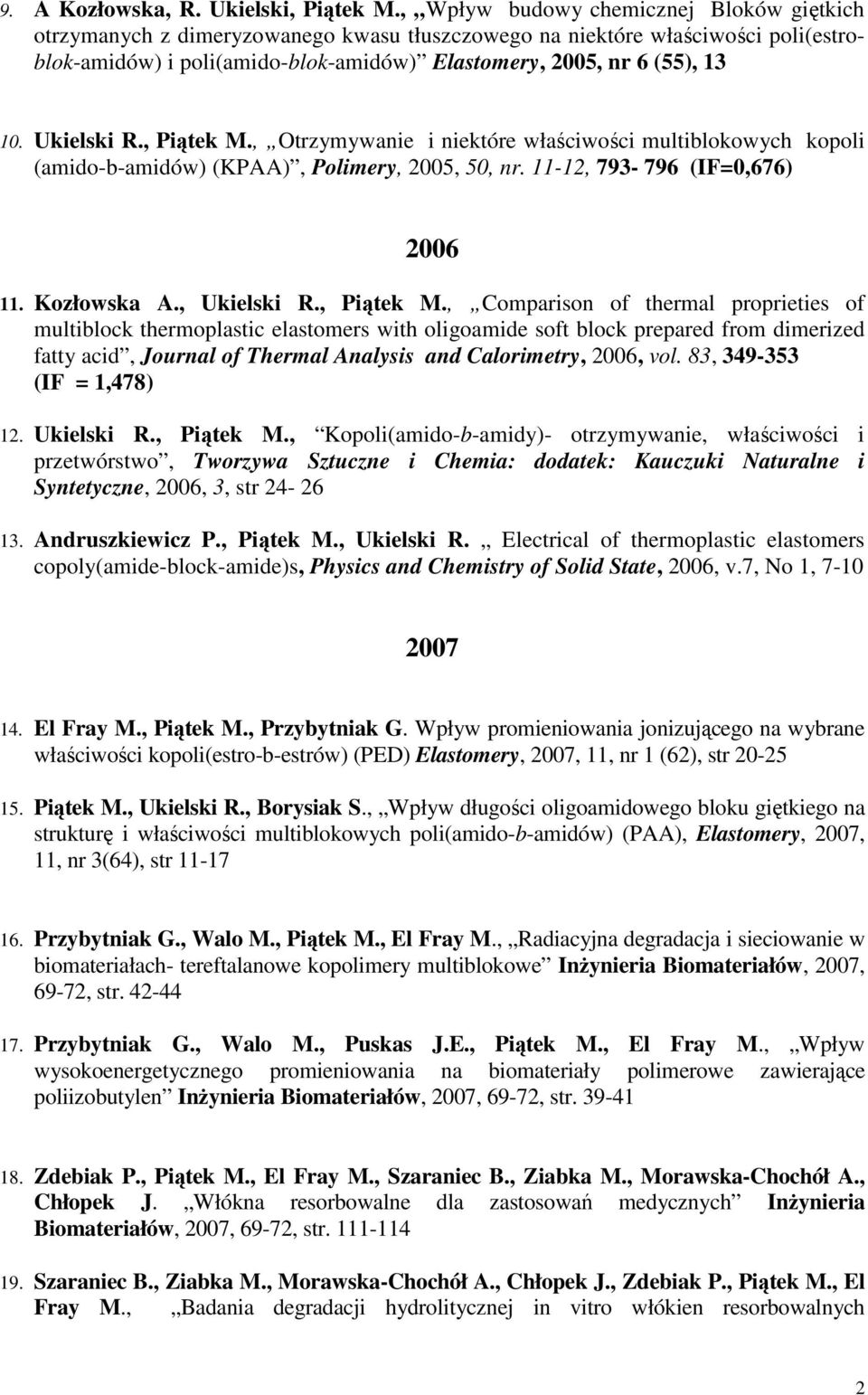 Ukielski R., Piątek M., Otrzymywanie i niektóre właściwości multiblokowych kopoli (amido-b-amidów) (KPAA), Polimery, 2005, 50, nr. 11-12, 793-796 (IF=0,676) 2006 11. Kozłowska A., Ukielski R.