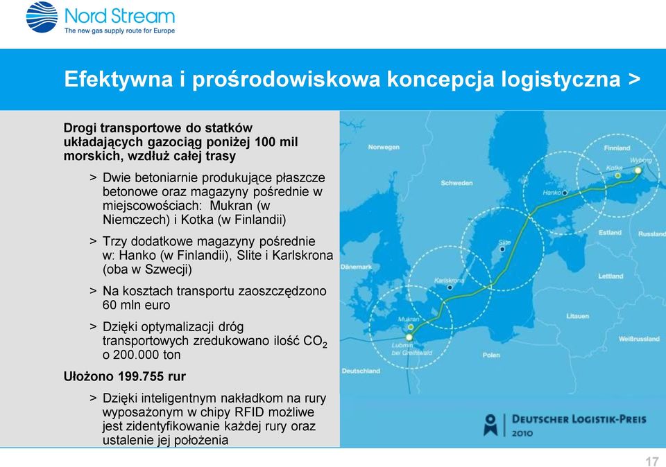 Finlandii), Slite i Karlskrona (oba w Szwecji) > Na kosztach transportu zaoszczędzono 60 mln euro > Dzięki optymalizacji dróg transportowych zredukowano ilość CO 2 o
