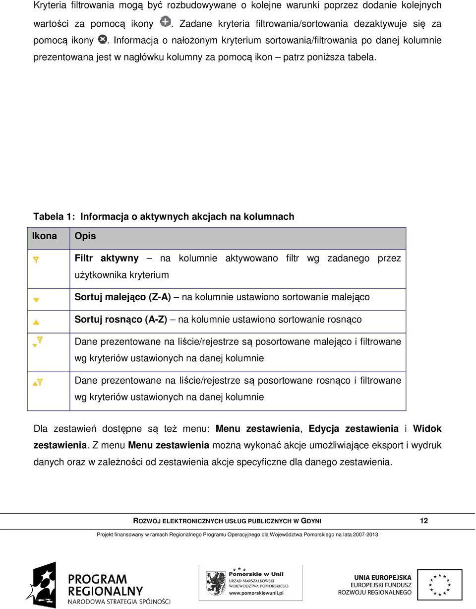 Tabela 1: Informacja o aktywnych akcjach na kolumnach Ikona Opis Filtr aktywny na kolumnie aktywowano filtr wg zadanego przez użytkownika kryterium Sortuj malejąco (Z-A) na kolumnie ustawiono