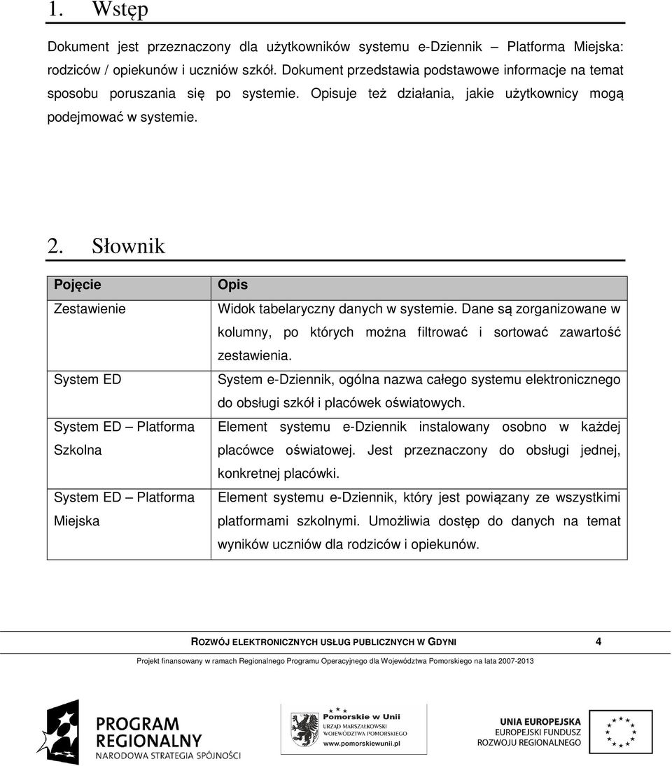 Słownik Pojęcie Zestawienie System ED System ED Platforma Szkolna System ED Platforma Miejska Opis Widok tabelaryczny danych w systemie.