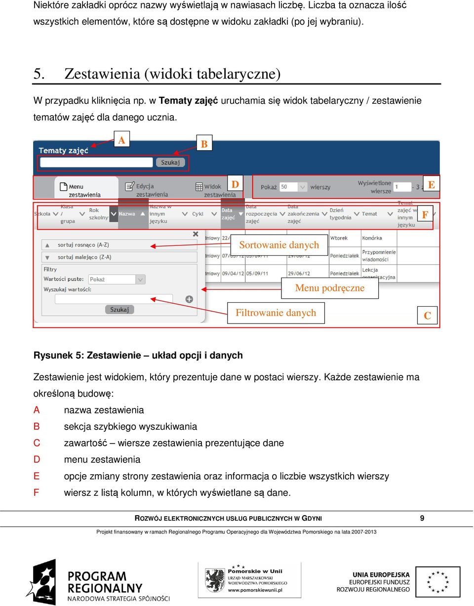 A B D E F Sortowanie danych Menu podręczne Filtrowanie danych C Rysunek 5: Zestawienie układ opcji i danych Zestawienie jest widokiem, który prezentuje dane w postaci wierszy.