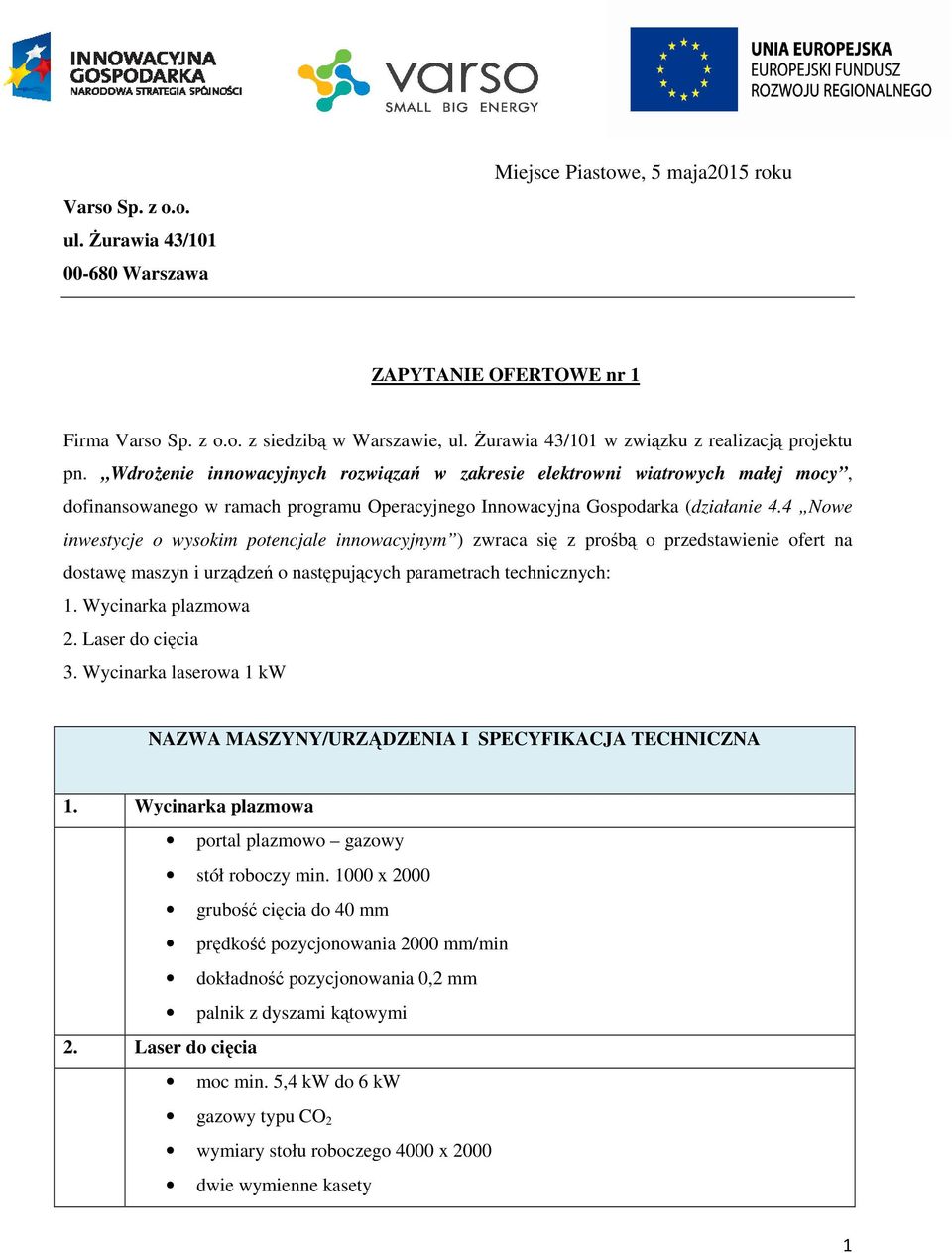 Wdrożenie innowacyjnych rozwiązań w zakresie elektrowni wiatrowych małej mocy, dofinansowanego w ramach programu Operacyjnego Innowacyjna Gospodarka (działanie 4.