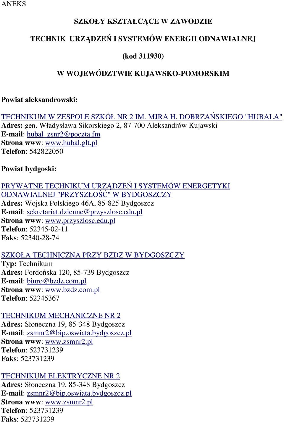 pl Telefon: 542822050 Powiat bydgoski: PRYWATNE TECHNIKUM URZĄDZEŃ I SYSTEMÓW ENERGETYKI ODNAWIALNEJ "PRZYSZŁOŚĆ" W BYDGOSZCZY Adres: Wojska Polskiego 46A, 85-825 Bydgoszcz E-mail: sekretariat.