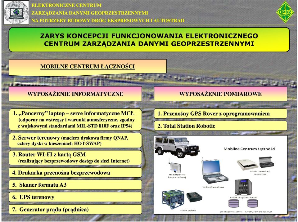 Przenośny GPS Rover z oprogramowaniem 2. Total Station Robotic 2. Serwer terenowy (macierz dyskowa firmy QNAP, cztery dyski w kieszeniach HOT-SWAP) 3.