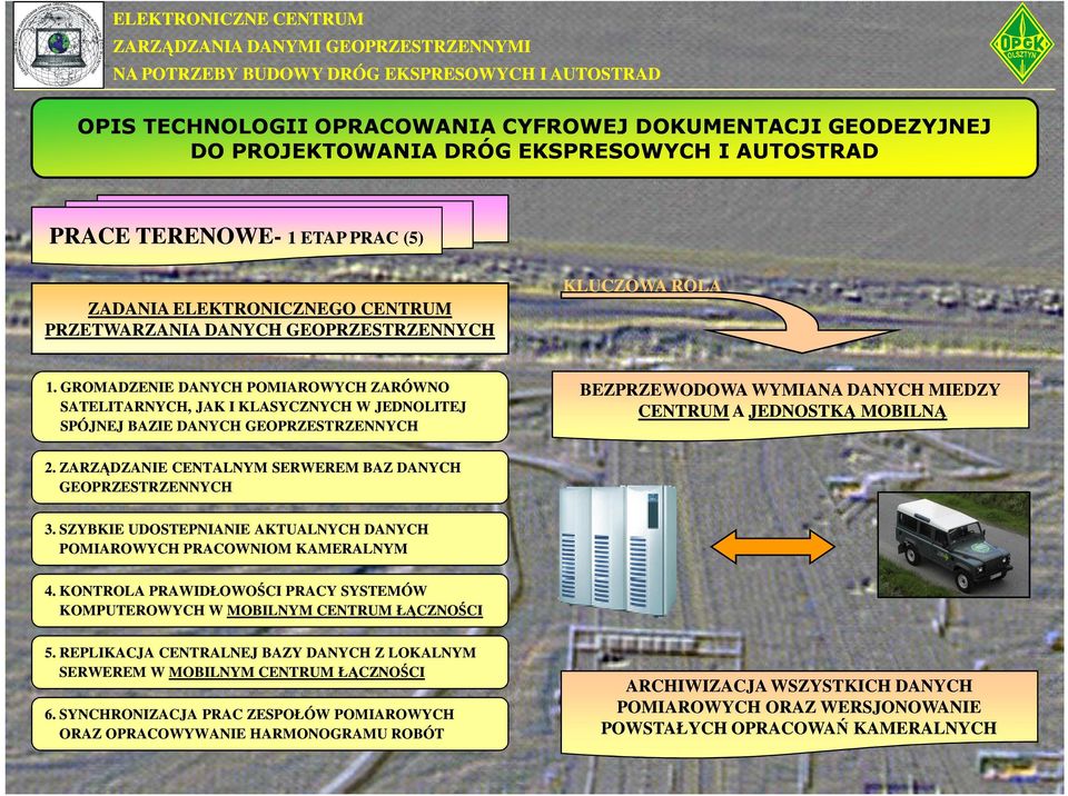 GROMADZENIE DANYCH POMIAROWYCH ZARÓWNO SATELITARNYCH, JAK I KLASYCZNYCH W JEDNOLITEJ SPÓJNEJ BAZIE DANYCH GEOPRZESTRZENNYCH BEZPRZEWODOWA WYMIANA DANYCH MIEDZY CENTRUM A JEDNOSTKĄ MOBILNĄ 2.