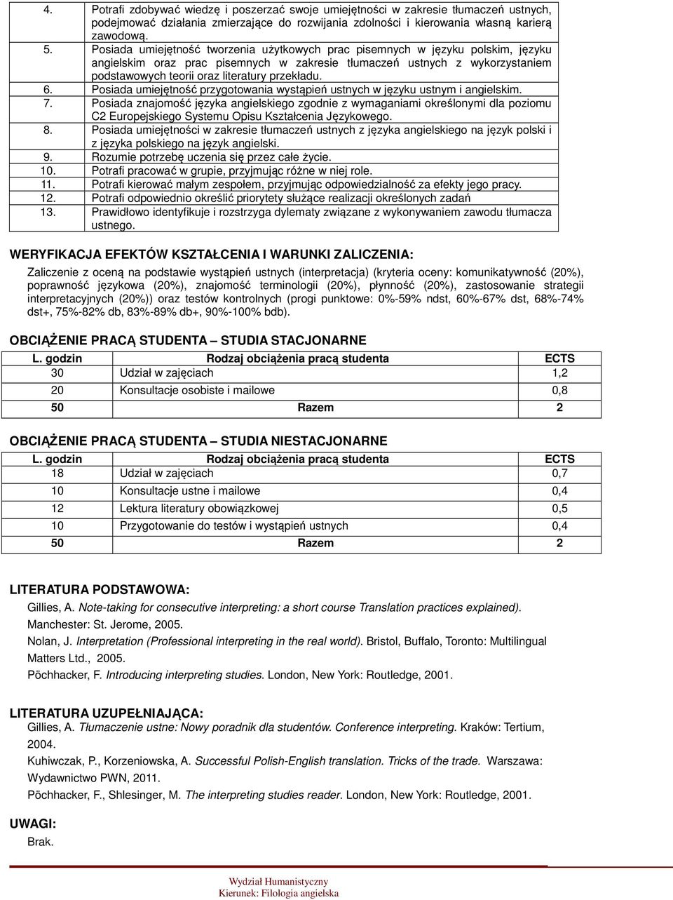 przekładu. 6. Posiada umiejętność przygotowania wystąpień ustnych w języku ustnym i angielskim. 7.