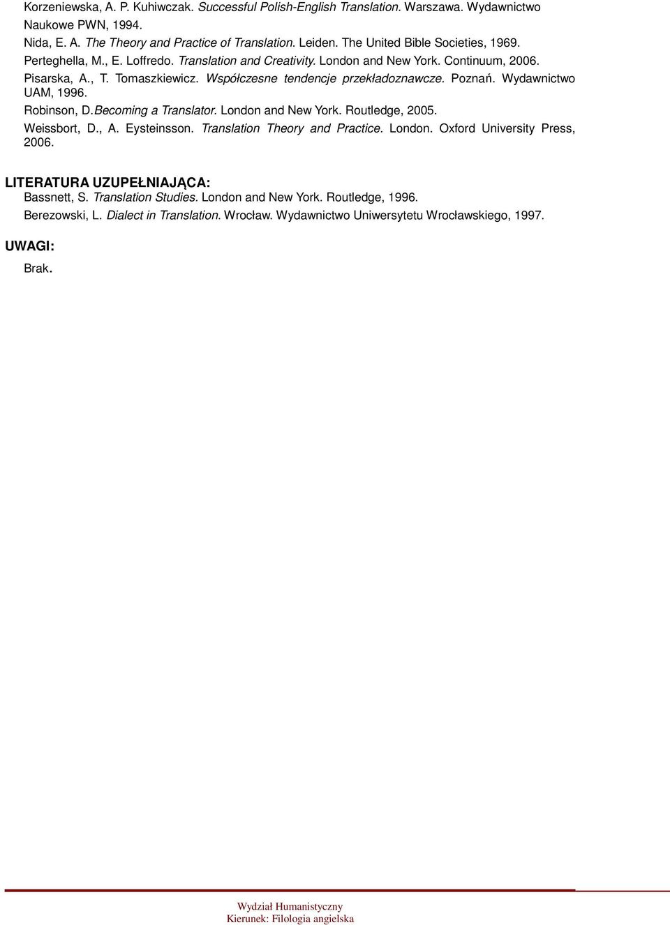 Współczesne tendencje przekładoznawcze. Poznań. Wydawnictwo UAM, 1996. Robinson, D.Becoming a Translator. London and New York. Routledge, 2005. Weissbort, D., A. Eysteinsson.