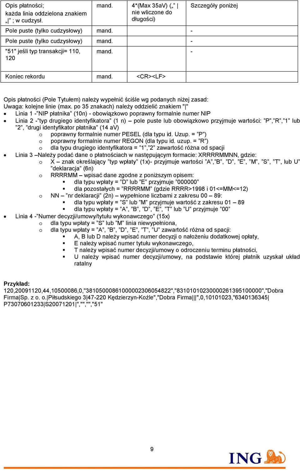 po 35 znakach) należy oddzielić znakiem " " Linia 1 - NIP płatnika (10n) - obowiązkowo poprawny formalnie numer NIP Linia 2 - typ drugiego identyfikatora (1 n) pole puste lub obowiązkowo przyjmuje